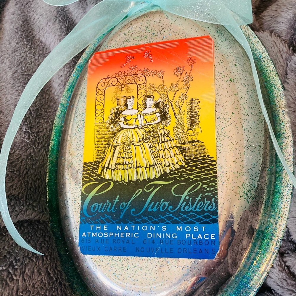 Repurposed vintage serving dish and post card resin covered